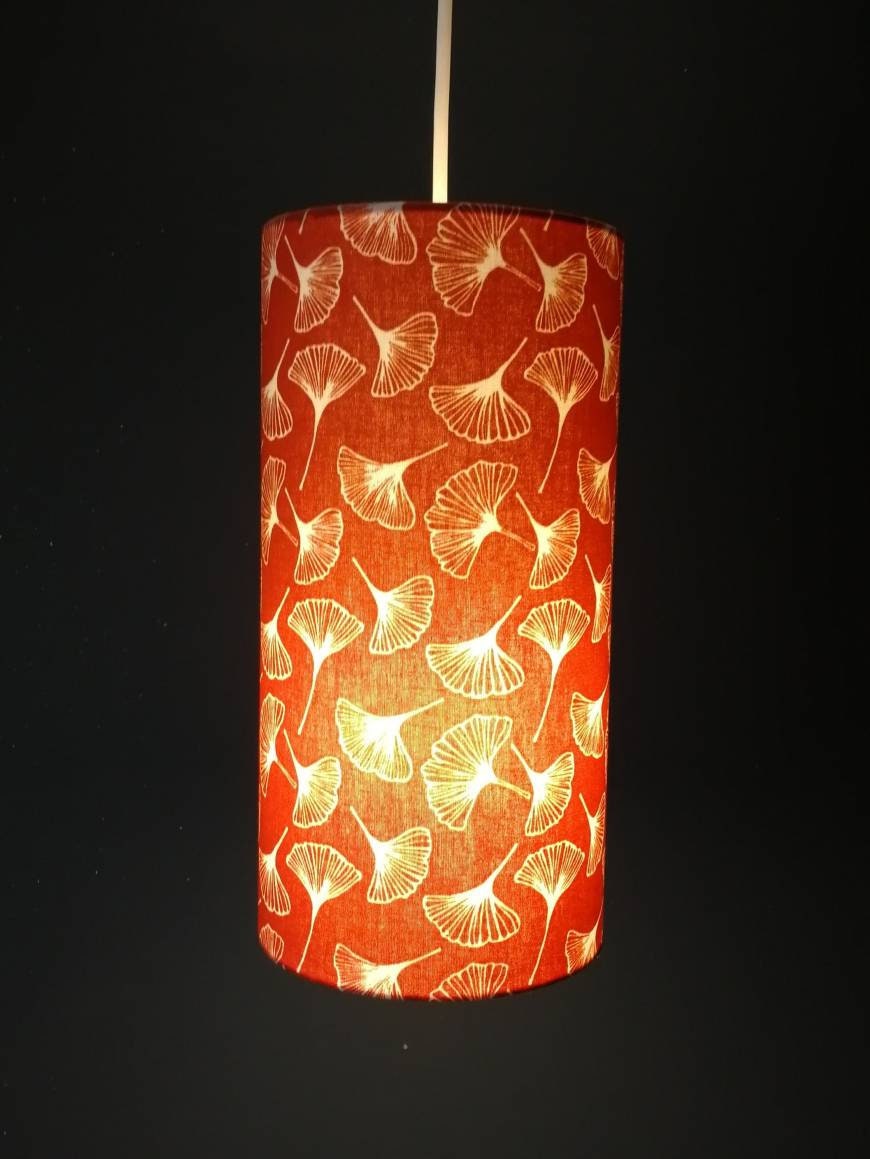 Abat-jour rond tube imprimé Gingko Jaune Orange Vert gris pour suspension pied de lampe lampadaire