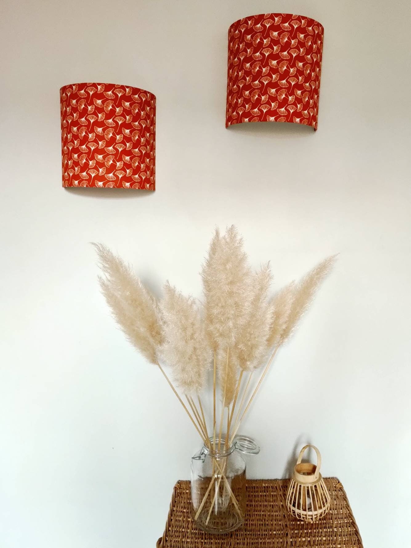 Applique murale demi-cercle, tissu imprimé orange, feuilles de gingko, tribal,Écailles, art déco pour chambre salon séjour entrée bureau