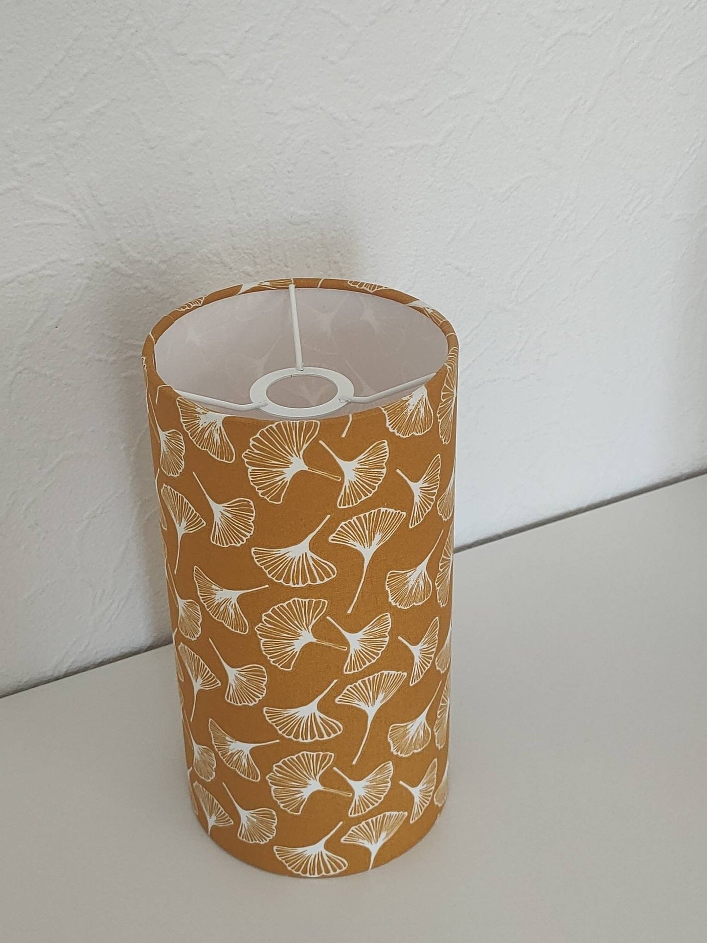 Abat-jour rond tube imprimé Gingko pour suspension jaune orange vert menthe gris