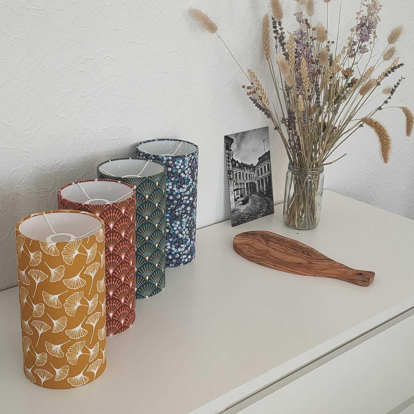 Abat-jour rond tube imprimé Gingko Jaune Orange Vert gris pour suspension pied de lampe lampadaire