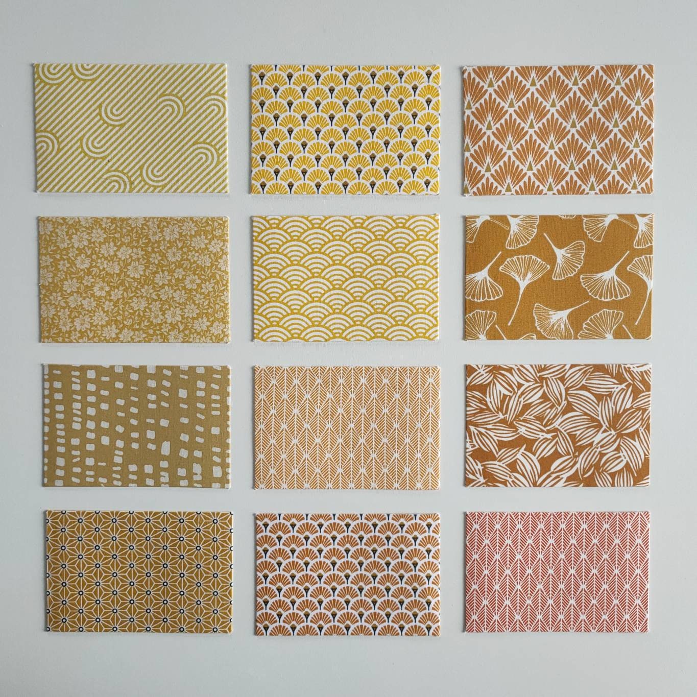 Applique murale demi-cercle design tissu imprimé jaune Japonais zigzag fleurs rectangles vagues japonais feuilles Gingko éventails art déco