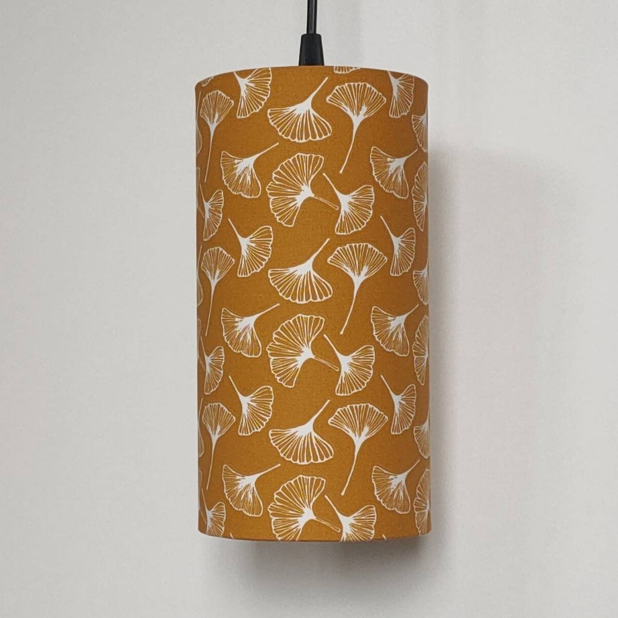 Abat-jour rond tube imprimé Gingko pour suspension jaune orange vert menthe gris