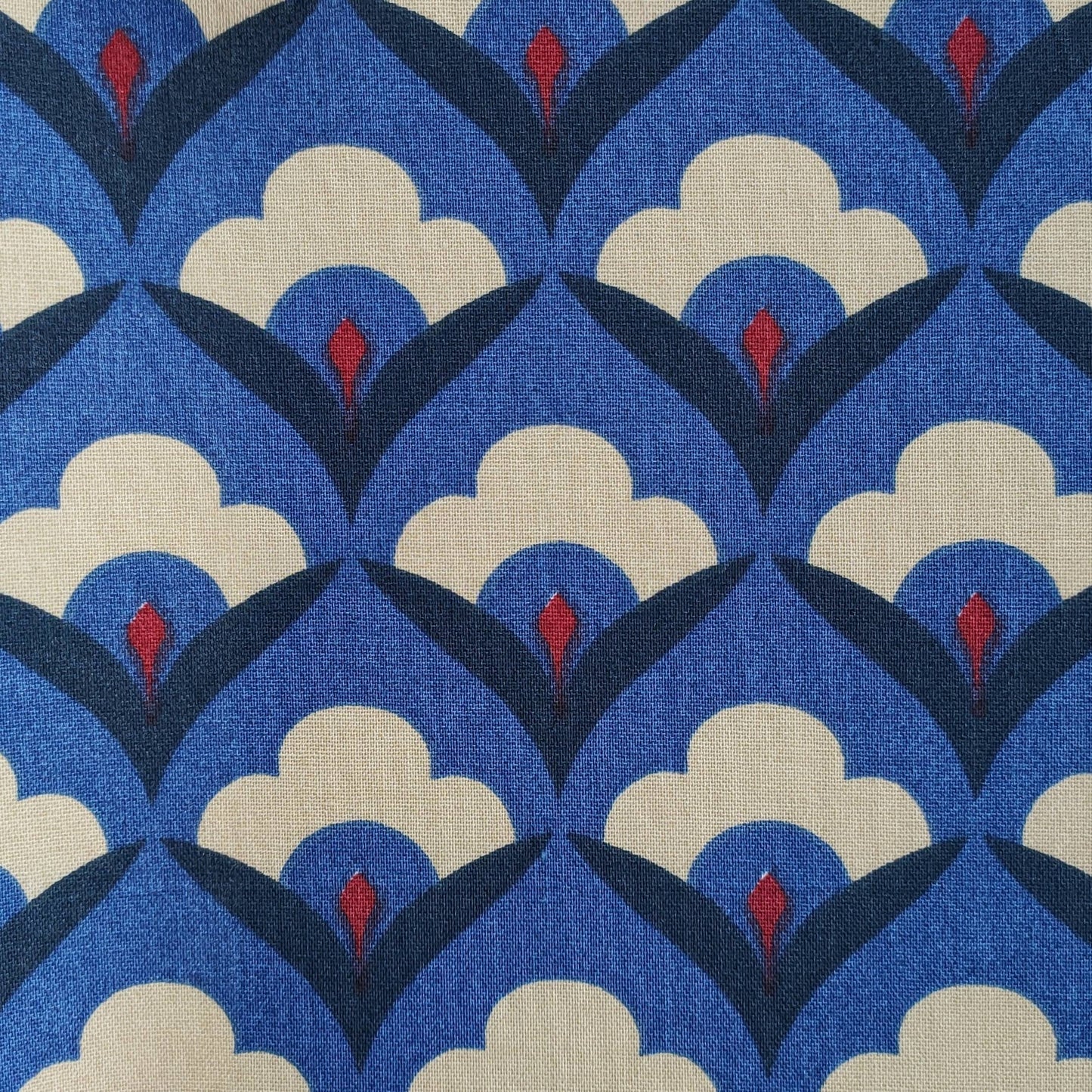 Abat-jour rond tissu imprimé inspiration art déco bleu marine écru et rouge ou bleu canard et Camel pour pied de lampe /lampadaire