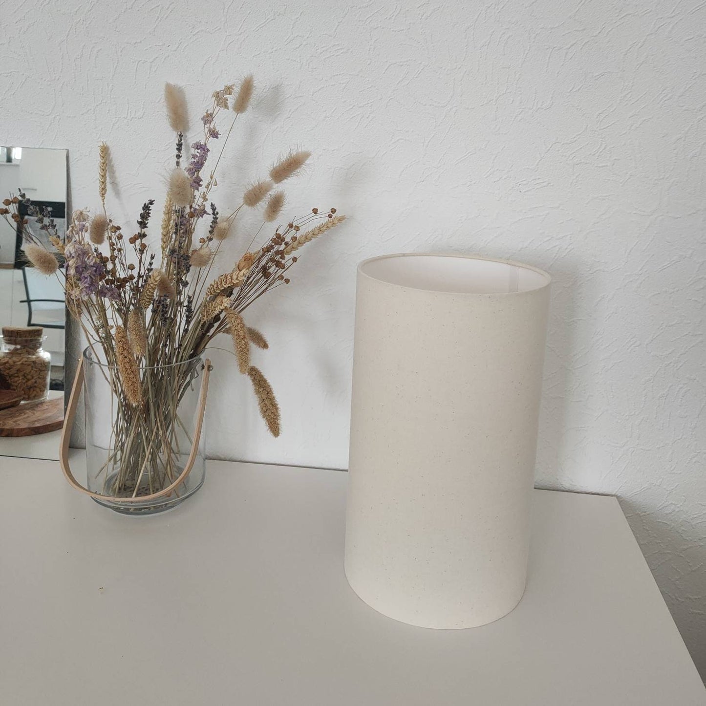 Abat-jour douille E14 opaque rond tube 12/15/18/20 cm en tissu blanc/blanc cassé/écru beige chiné