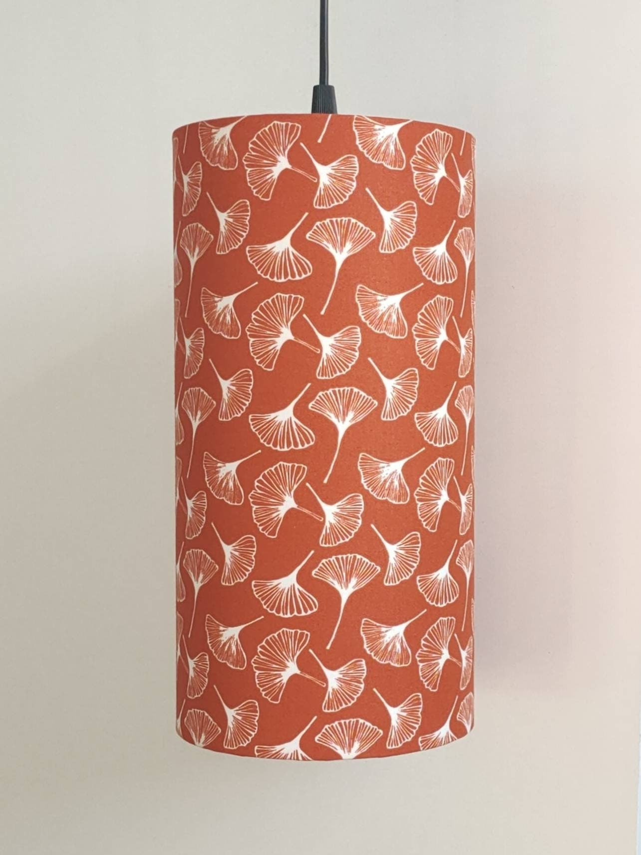 Abat-jour rond tube imprimé Gingko pour suspension jaune orange vert menthe gris