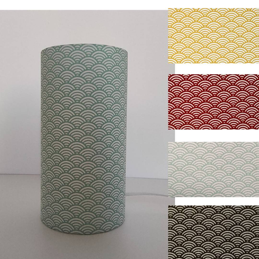 Lampe à poser Tube tissu imprimé Vagues Jaune rouge vert pastel bleu marine gris anthracite Inspiration japonaise