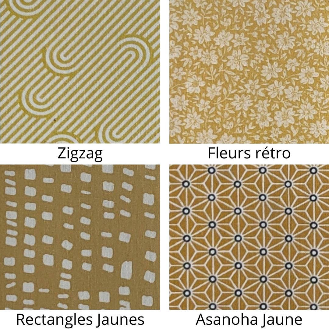 Lampe à poser socle tube art déco contemporain tissu en coton imprimé jaune zigzag fleurs art déco Gingko vagues tribal feuilles Écailles