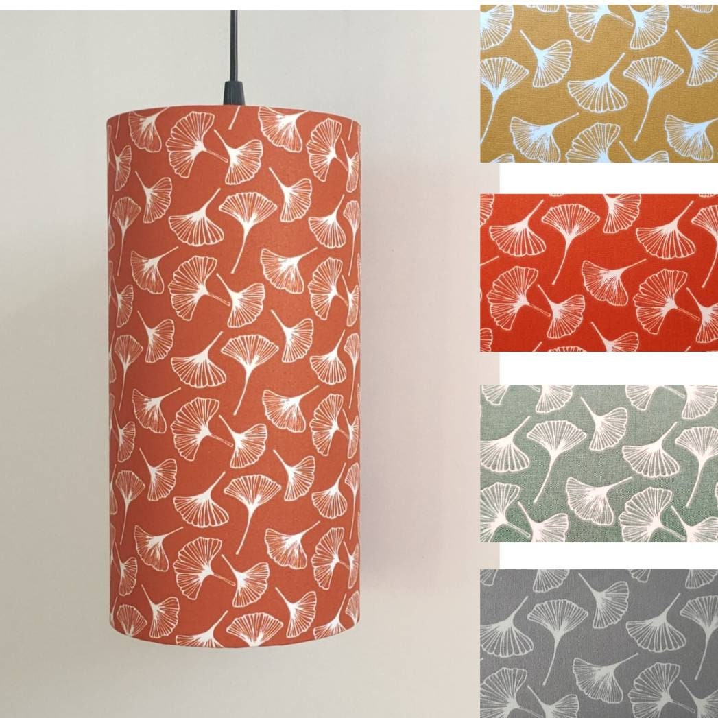 Abat-jour rond tube imprimé Gingko Jaune Orange Vert gris pour suspension pied de lampe lampadaire