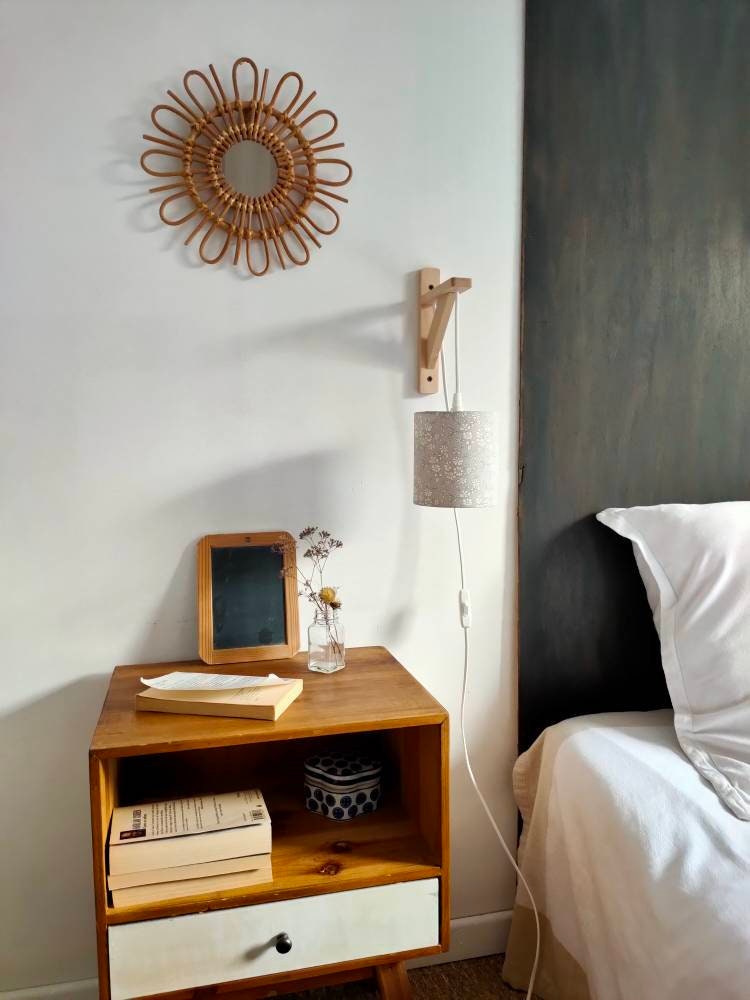Applique murale équerre en bois de hêtre et abat-jour tissu imprimé liberty London Capel Jaune rose rouge bleu marine gris