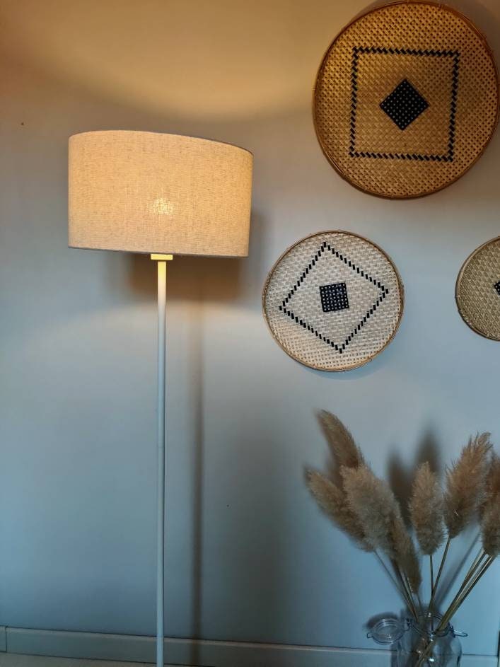 Abat-jour douille E27 transparent rond tissu uni blanc/beige pour pied de lampe, lampadaire ou suspension