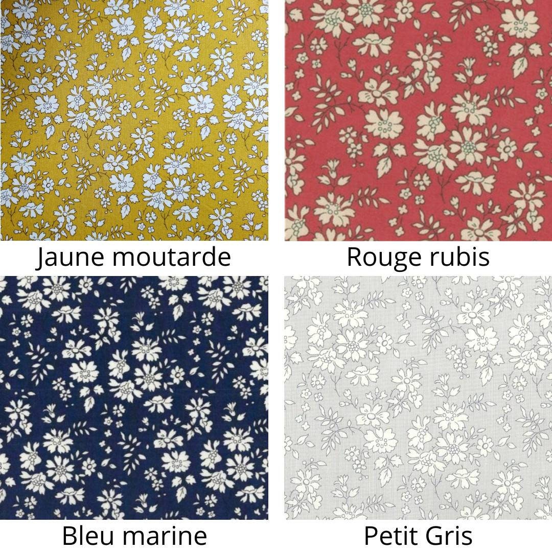 Abat-jour rond imprimé Liberty Fleurs blanches sur fond gris clair Capel Jaune moutarde Rouge rubis bleu marine petit gris