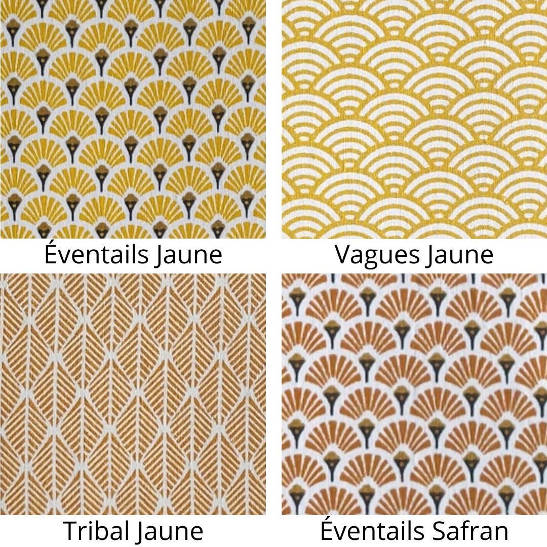 Lampe à poser socle tube art déco contemporain tissu en coton imprimé jaune zigzag fleurs art déco Gingko vagues tribal feuilles Écailles