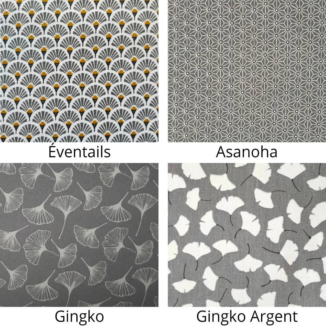 Applique murale demi-cercle, tissu imprimé , éventails, Asanoha, feuilles de gingko gris