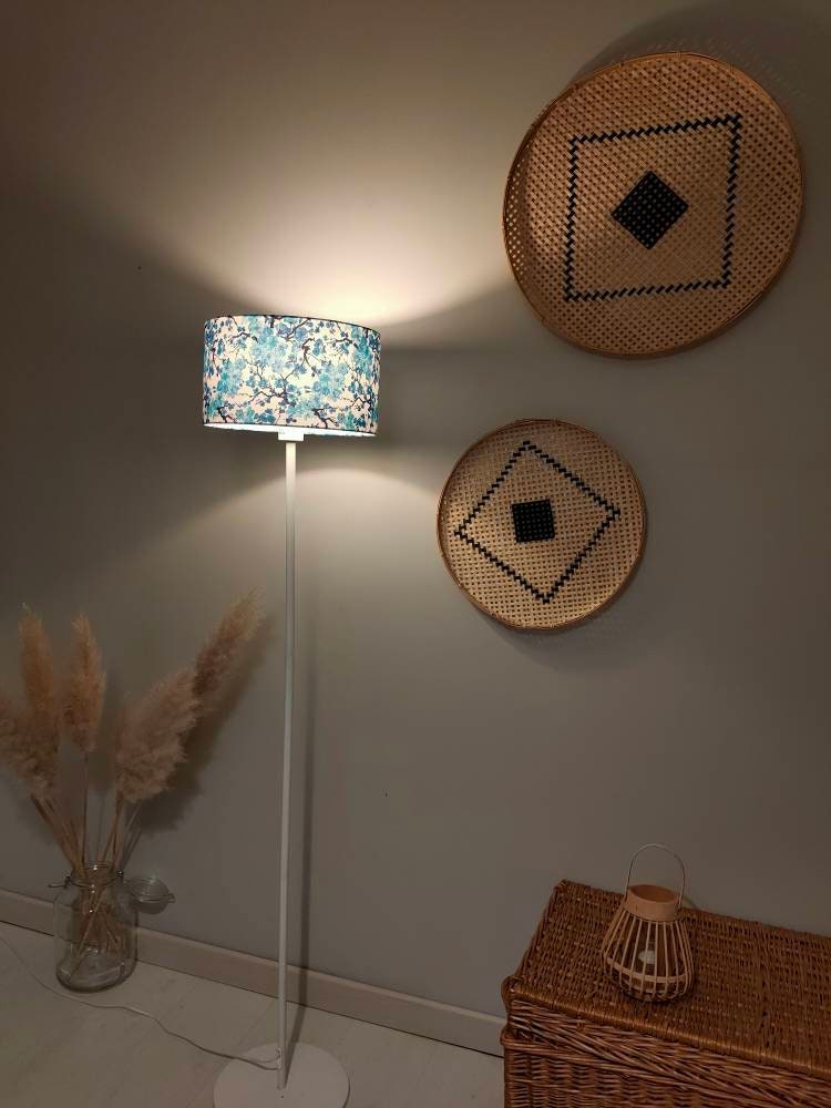 Abat-jour rond tissu Cerisier rose ou bleu suspension ou pied de lampe lampadaire