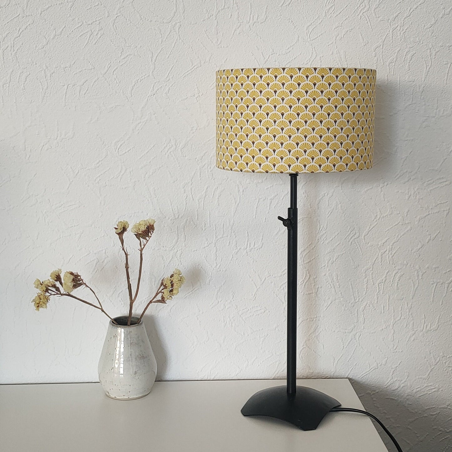 Abat-jour rond imprimé Éventails Inspiration Art Déco Jaune citron Jaune safran rose rouge bleu ciel bleu marine violet parme gris noir