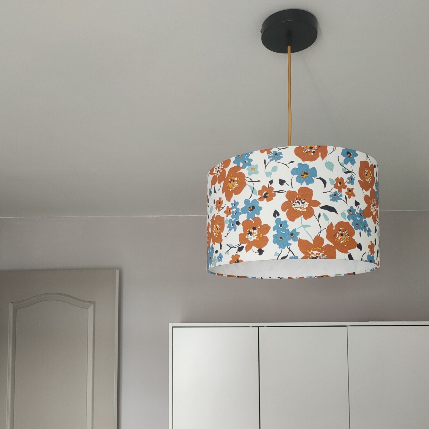 Abat-jour rond suspension tissu imprimé fleurs pour chambre salon séjour