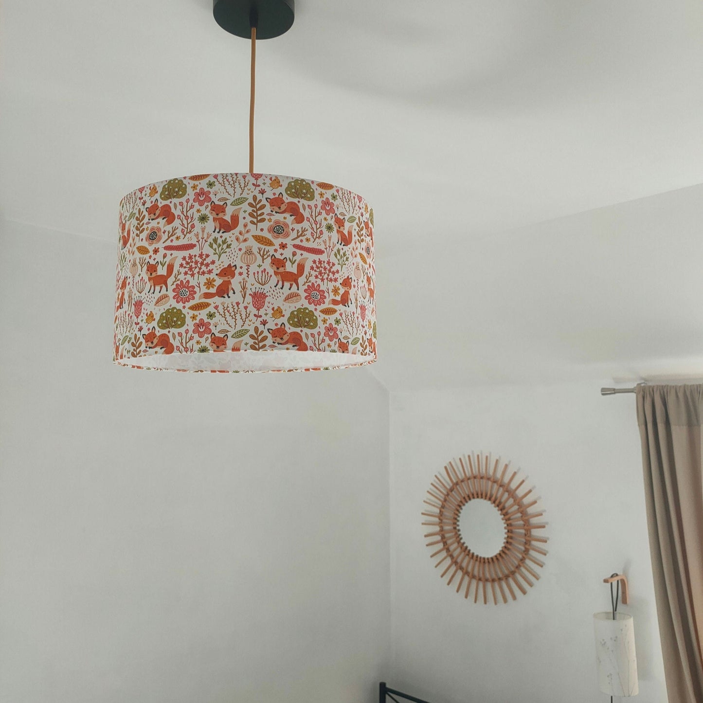 Abat-jour rond tissu Petits renards pour chambre suspension bébé/enfants