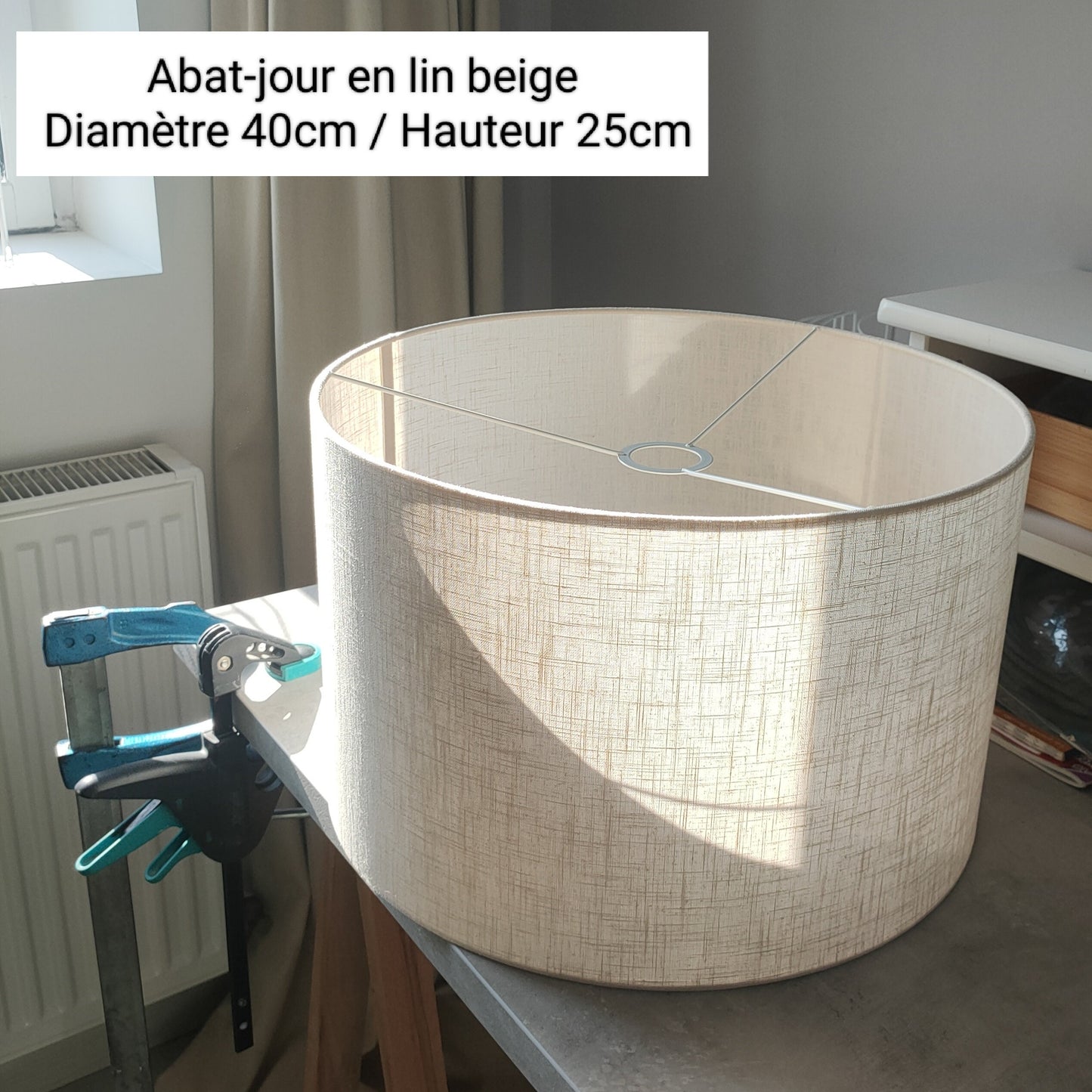 Abat-jour douille E27 transparent rond tissu uni blanc/beige pour pied de lampe, lampadaire ou suspension