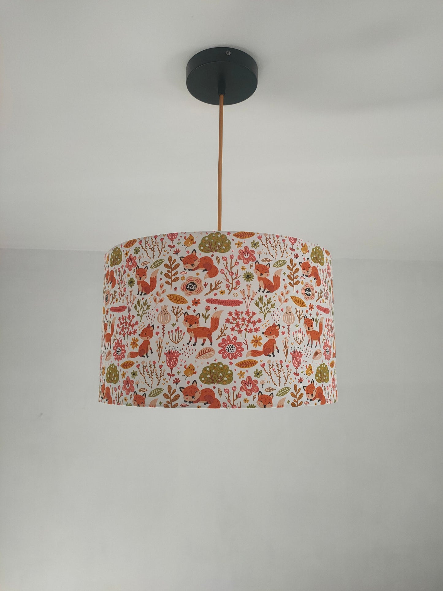 Abat-jour rond tissu Petits renards pour chambre suspension bébé/enfants