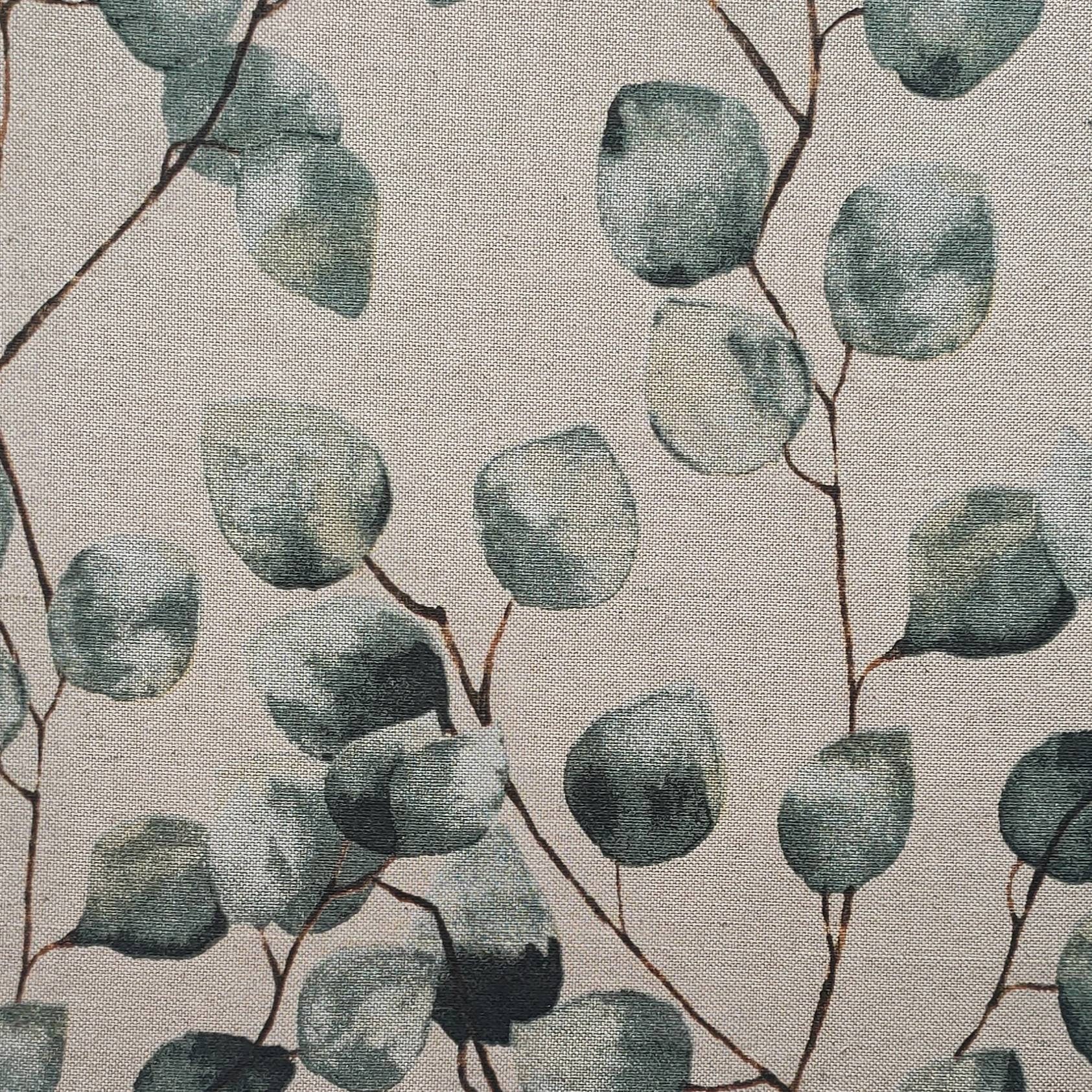 Applique murale demi-cercle, tissu imprimé feuilles eucalyptus sur fond effet lin beige pour salon/séjour chambre ambiance bien-être