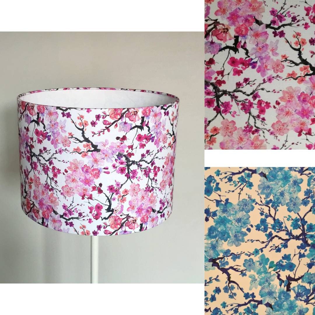 Abat-jour rond tissu Cerisier rose ou bleu suspension ou pied de lampe lampadaire