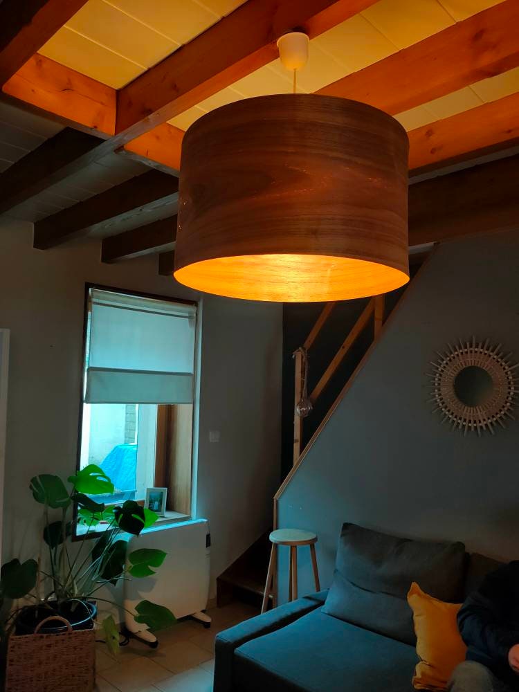 Abat-jour rond en bois foncé Noyer douille E27 pour pied de lampe / lampadaire ou suspension