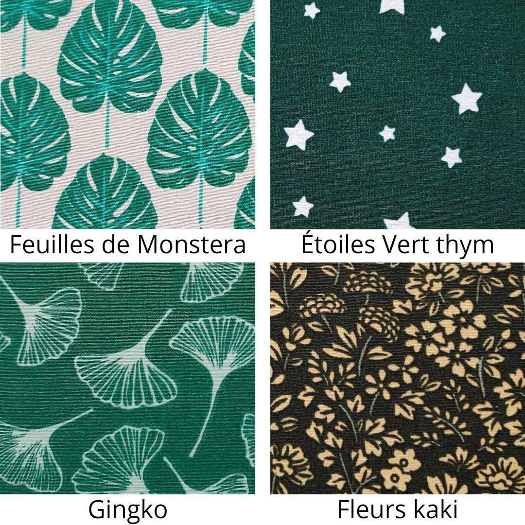 Applique murale demi-cercle design tissu coton imprimé vert feuilles monstera Gingko étoiles fleurs kaki