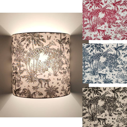 Applique murale demi-cercle design tissu imprimé Jungle toile de Jouy Animaux de la savane girafe singe Rouge Bleu marine Noir blanc