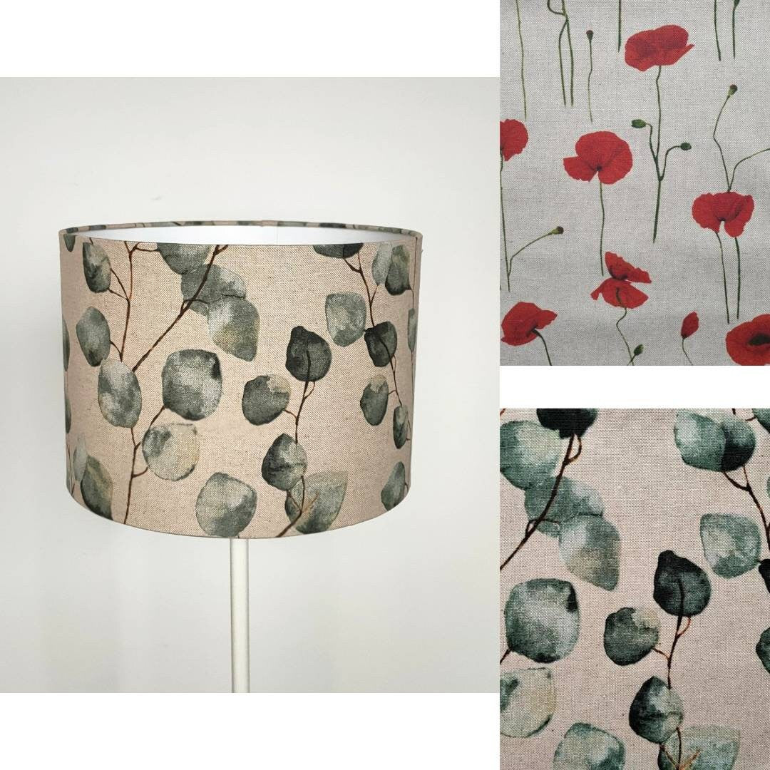 Abat-jour rond tissu coton imprimé inspiration de la nature Coquelicots ou Eucalyptus sur fond beige imitation lin