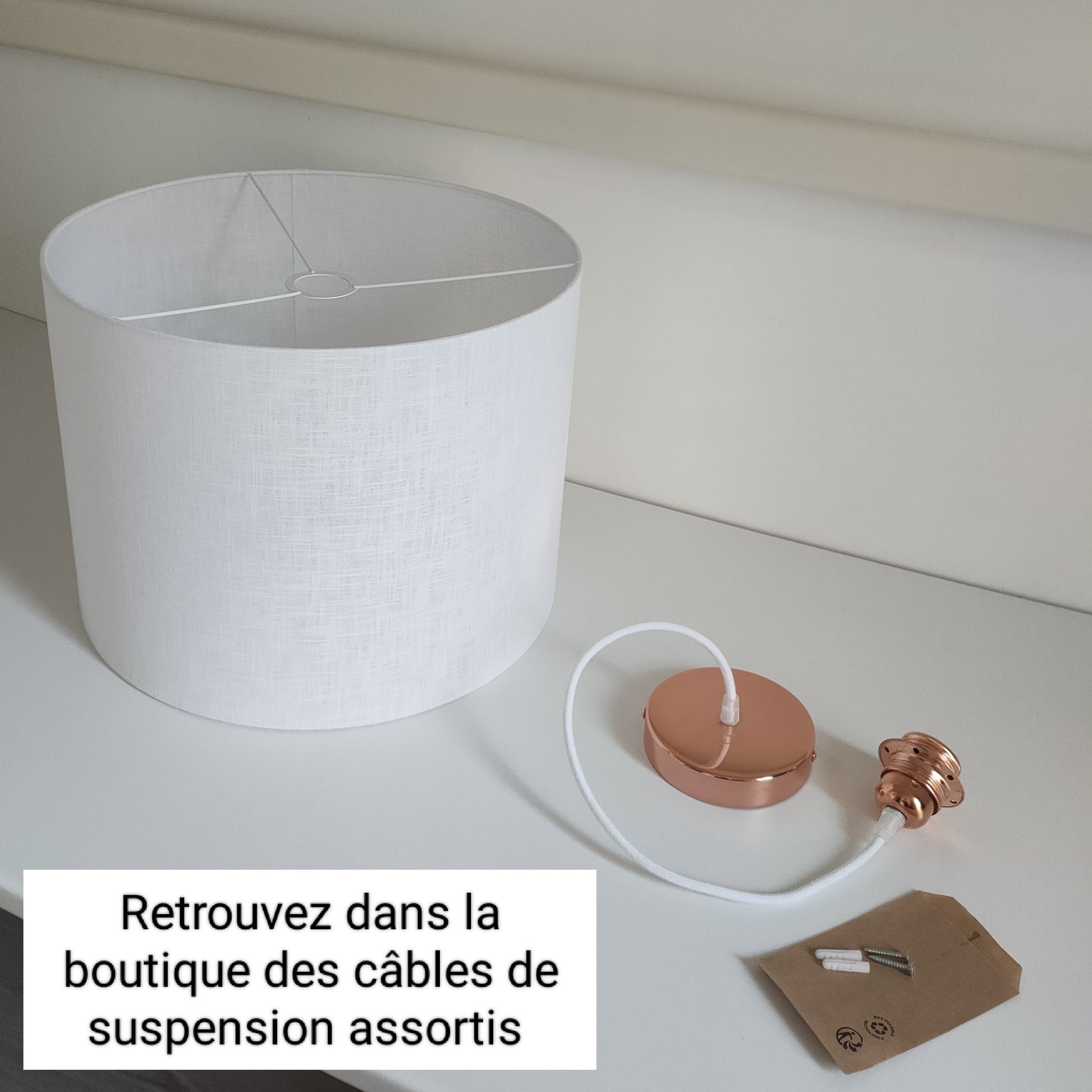 Abat-jour douille E27 transparent rond tissu uni blanc/beige pour pied de lampe, lampadaire ou suspension