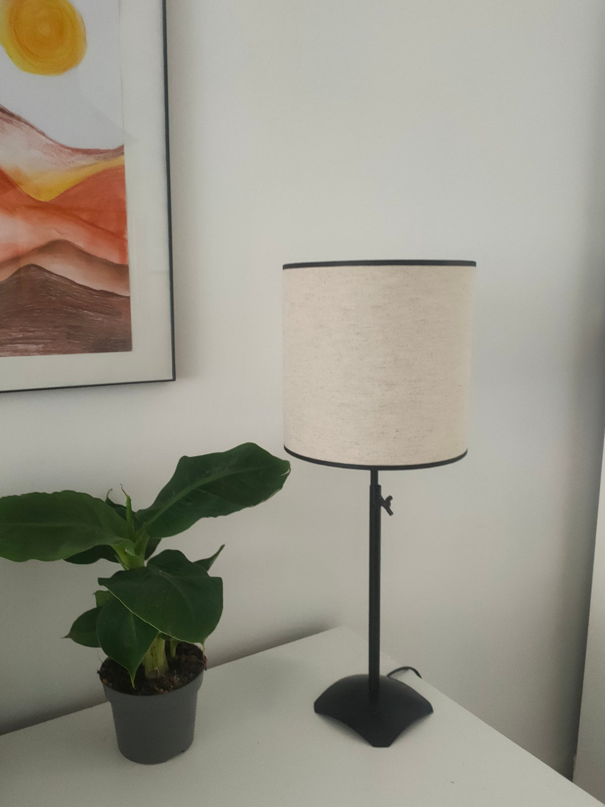 Abat-jour douille E27 en tissu blanc/beige liseré noir
